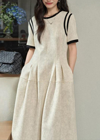 Sommer Grau O-Ausschnitt Kleider Faltig Patchwork Kurze Maxi Licht