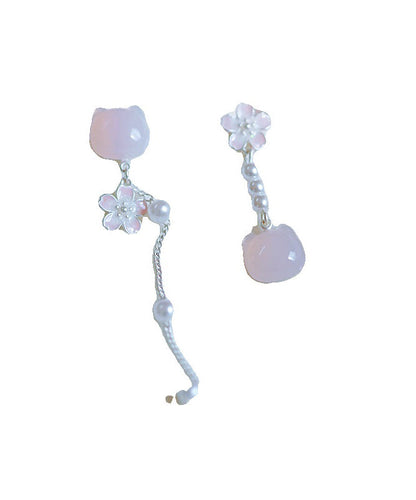 Boucles d'oreilles pendantes asymétriques en argent sterling rose avec perles et motifs floraux et chats QI069