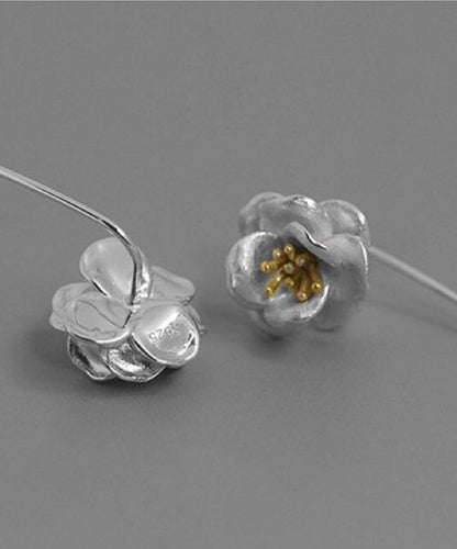 Boucles d'oreilles pendantes à pampilles en argent sterling et fleur de camélia en soie QQ028