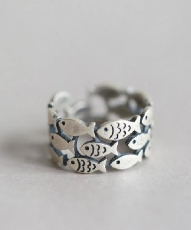 Kurze Seide Sterling Silber Aushöhlen Kleine Fische Ringe YI030
