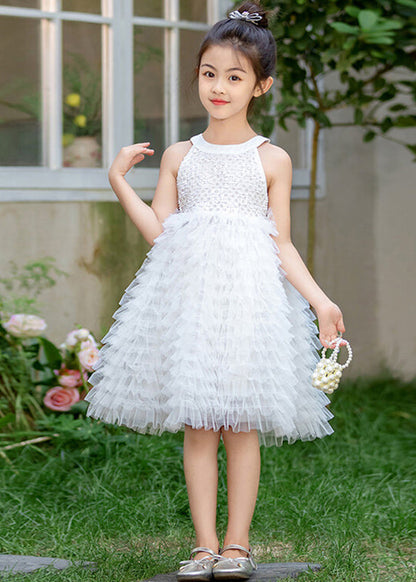 Robe longue d'été en tulle avec nœud blanc et patchwork pour enfants EW029