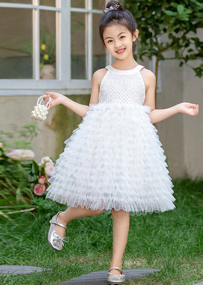 Robe longue d'été en tulle avec nœud blanc et patchwork pour enfants EW029