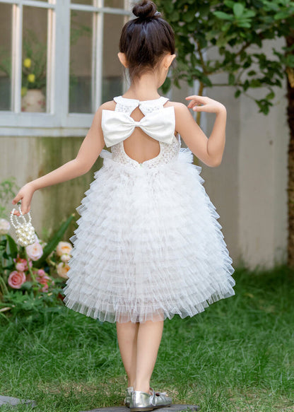 Robe longue d'été en tulle avec nœud blanc et patchwork pour enfants EW029