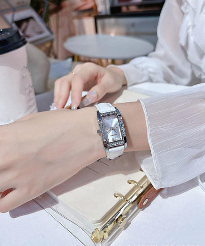 Brief Zircon Watches Leather White Square