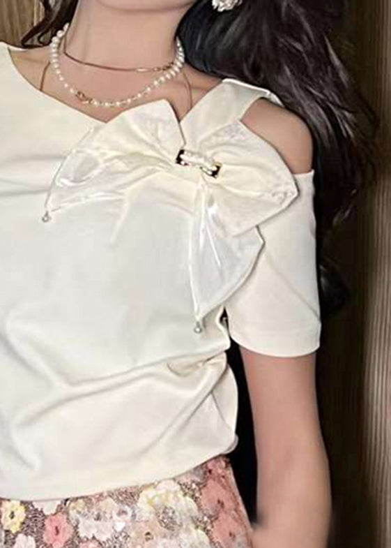 Brief White O-Neck Asymmetrical Bow Shirts Summer UU1019