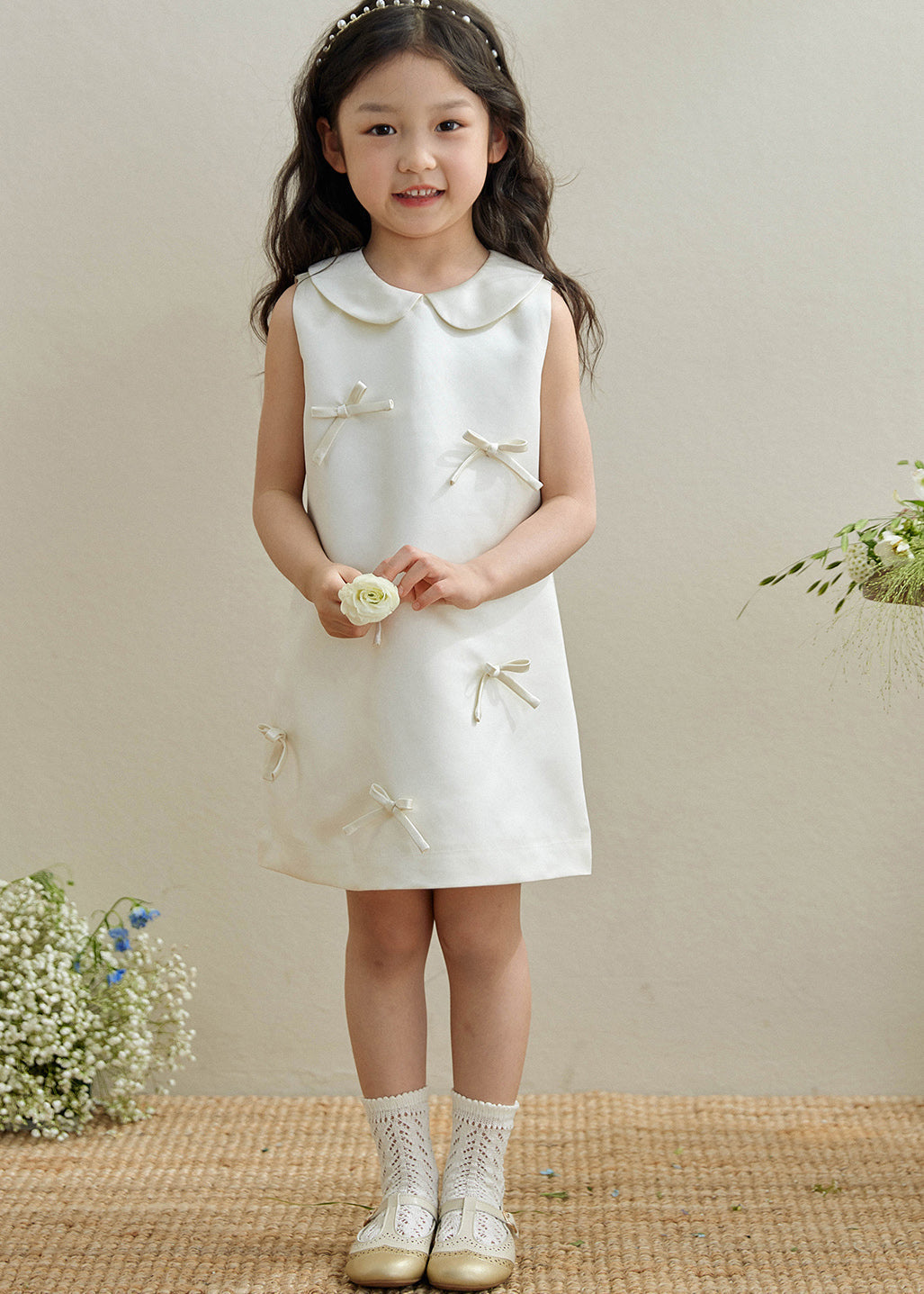 Brief White Peter Pan Collar Bow Kids Long Dresses Sleeveless QV003