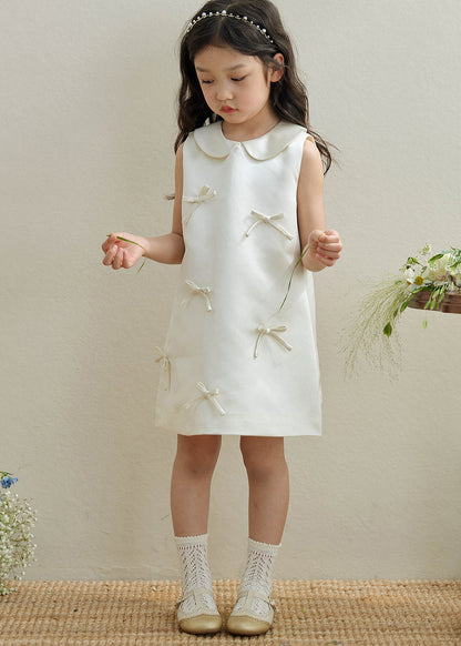 Robe longue blanche sans manches avec col Peter Pan et nœud pour enfants QV003