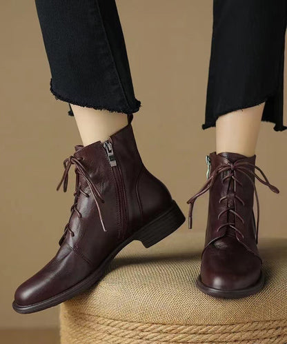 Bottes marron en cuir de vachette épais avec bride croisée tendance AP1025