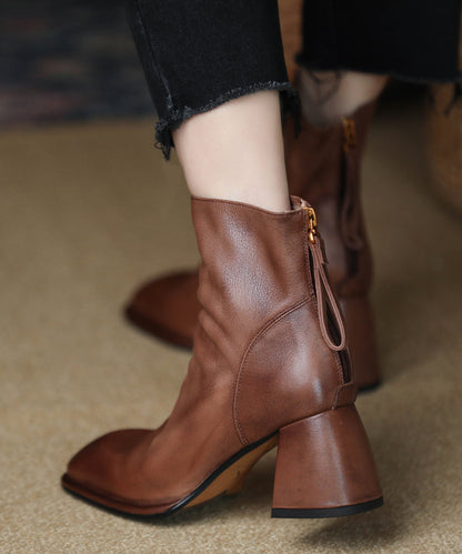 Brown Boots Chunky Cowhide Leather Women Splicing Zippered RD012