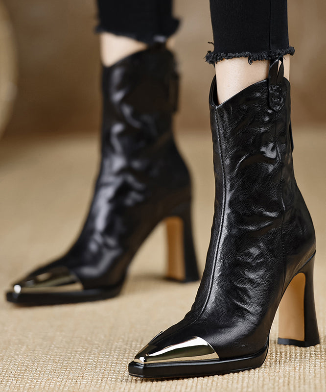 Braune Stiefel mit klobigem Absatz, Schaffell, edel, mit Pailletten besetzt, RX014