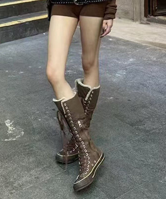 Braune Canvas 2024 Schnürstiefel mit Spleißfunktion, flauschiges Wollfutter TP017