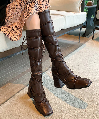 Brown Chunky Faux Leather Boutique Splicing Lace Up Boots TP011