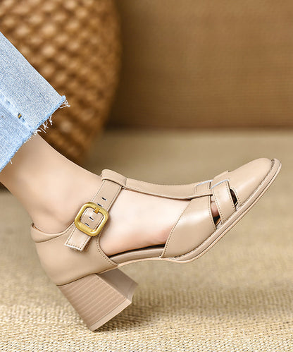 Fine Brown Leather Heel Cowhide Splicing Sandals Chunky