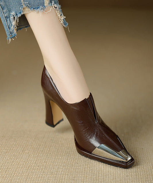 Braune klobige High Heels Schaffell Edle Spleißen Spitze Zehen RX012