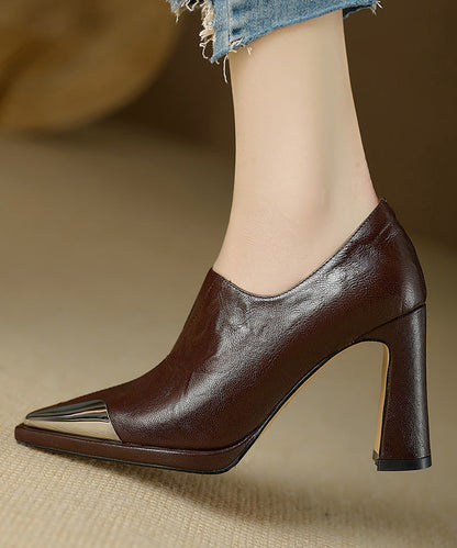 Braune klobige High Heels Schaffell Edle Spleißen Spitze Zehen RX012