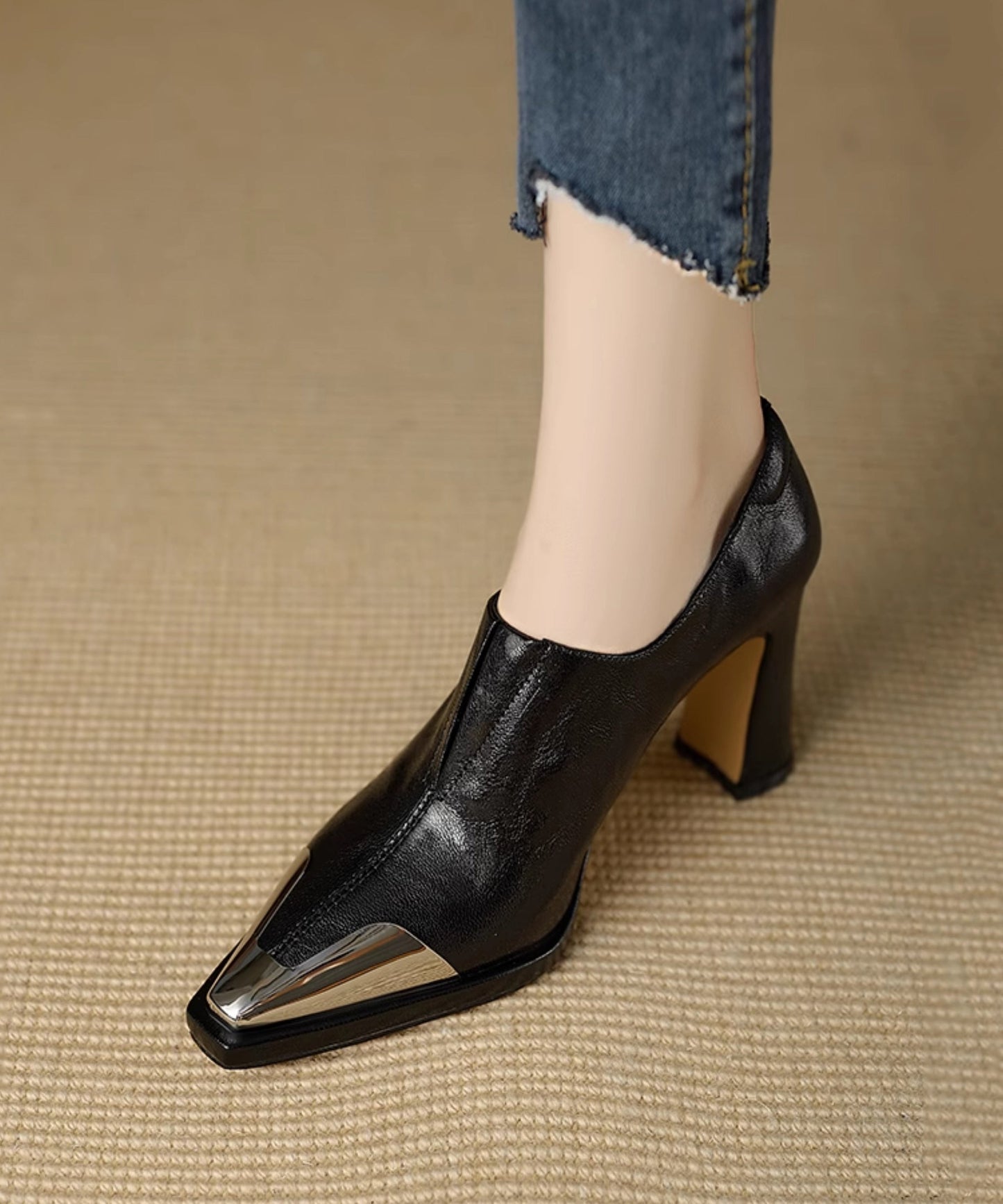 Braune klobige High Heels Schaffell Edle Spleißen Spitze Zehen RX012
