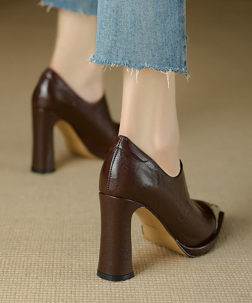 Braune klobige High Heels Schaffell Edle Spleißen Spitze Zehen RX012