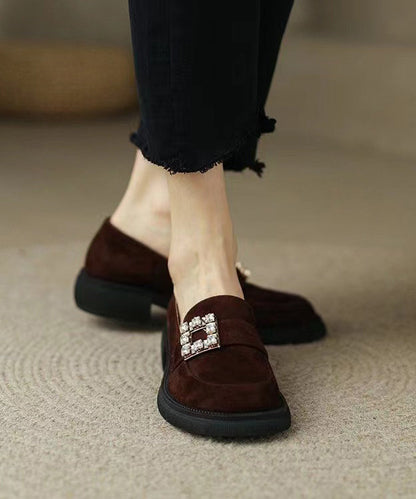 Braune klobige Wildleder-Loafer-Schuhe mit Zirkon-Spleißen TE019