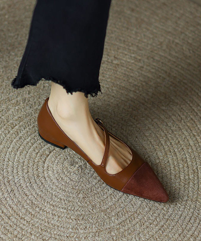 Braune Spleißen Rindsleder Leder Toe Spitz Schuhe Flache Französisch