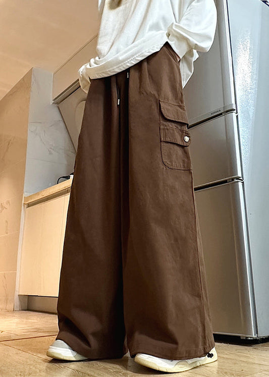 Pantalon large en coton élastique marron pour homme avec cordon de serrage et taille unie