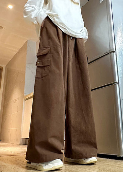 Pantalon large en coton élastique marron pour homme avec cordon de serrage et taille unie