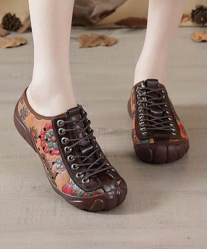 Strap Splicing Embossed Brown Shoes Cowhide Flat Leather Cross