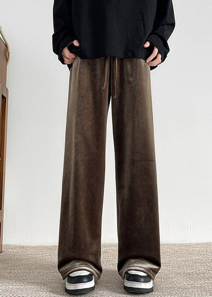Pantalon large en velours marron à lacets pour homme, taille élastique, printemps RM061