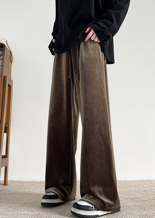 Pantalon large en velours marron à lacets pour homme, taille élastique, printemps RM061