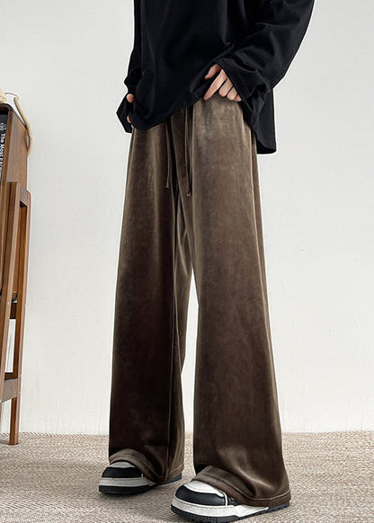 Pantalon large en velours marron à lacets pour homme, taille élastique, printemps RM061