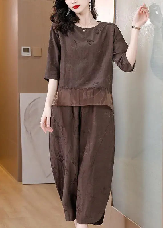 Brown Patchwork Linen Two-Piece Set Oversized Jacquard Spring Ada Fashion