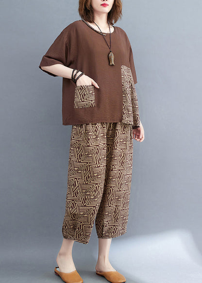 Two Print Summer Patchwork Set Brown Cotton Piece Asymmetrical