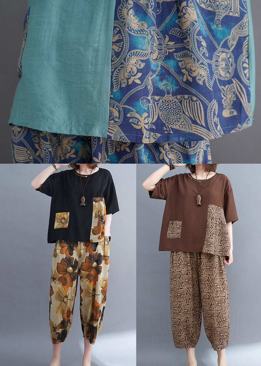 Two Print Summer Patchwork Set Brown Cotton Piece Asymmetrical