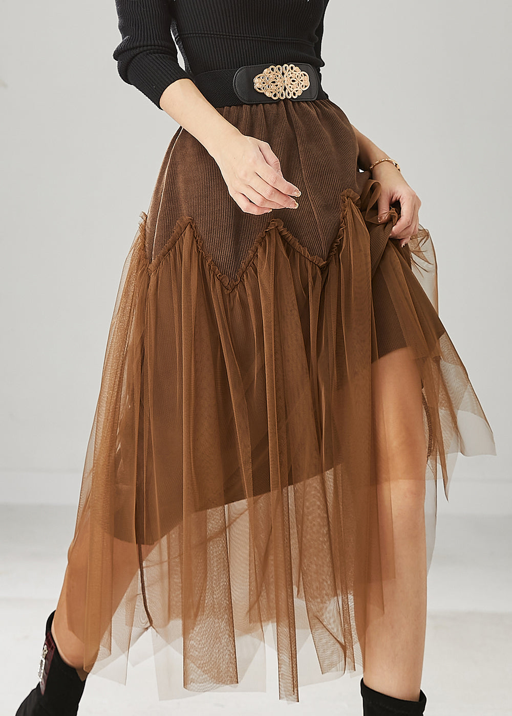 Brown Patchwork Tulle Corduroy Skirt Elastic Waist Spring YU1026