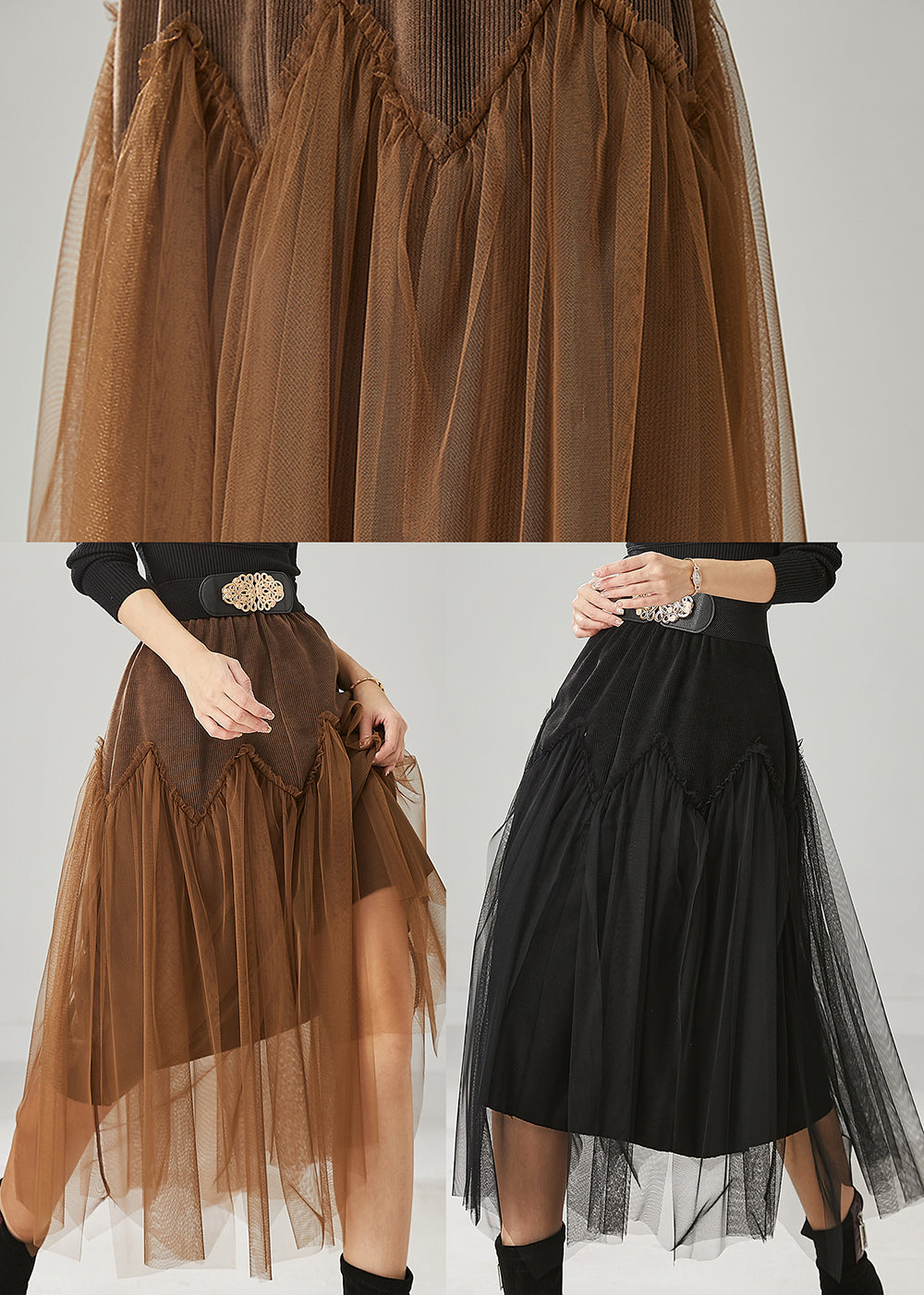 Brown Patchwork Tulle Corduroy Skirt Elastic Waist Spring YU1026