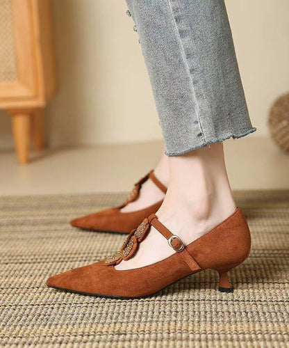 Heels Women Brown Suede High Pointed Splicing Toe