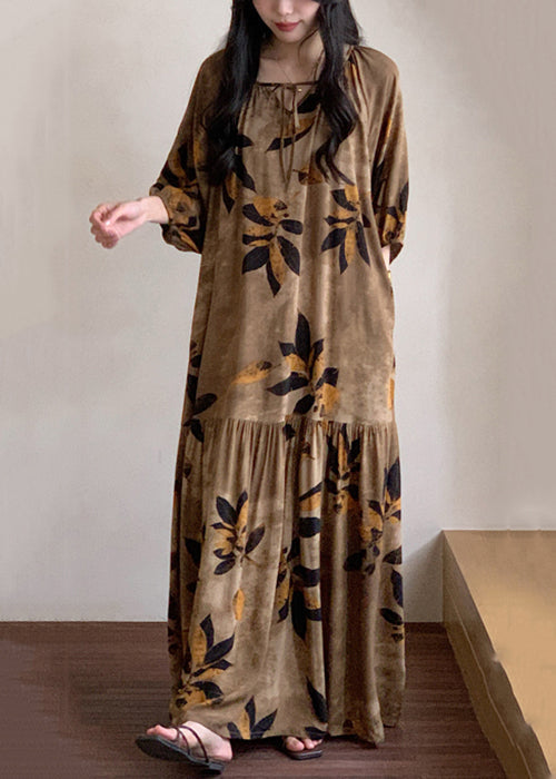 Summer Up Lace Pajamas Cotton Dress Maxi Prin Neck O Brown