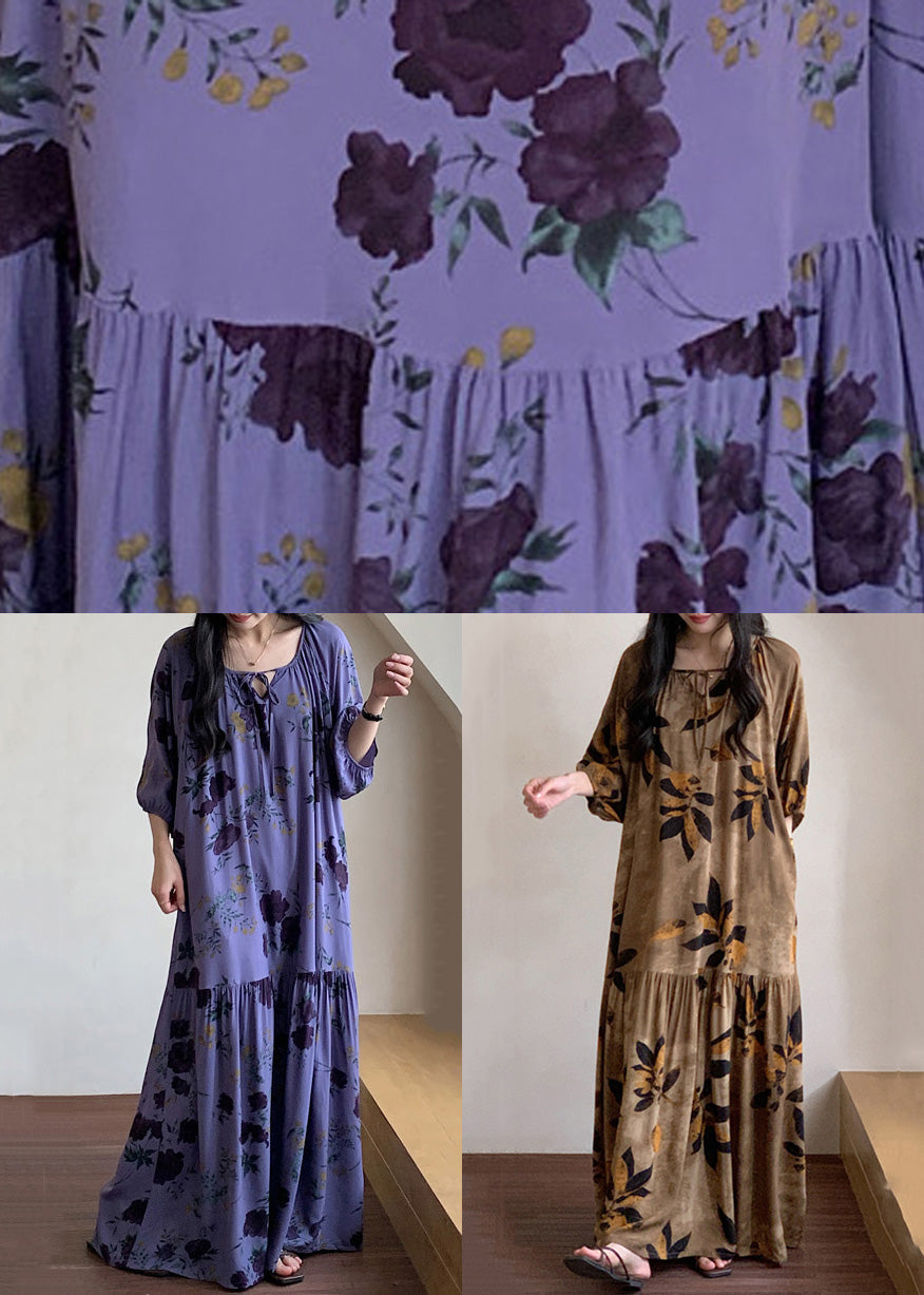 Summer Up Lace Pajamas Cotton Dress Maxi Prin Neck O Brown