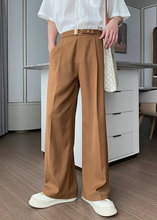 Pantalon taille haute marron uni pour homme en élasthanne