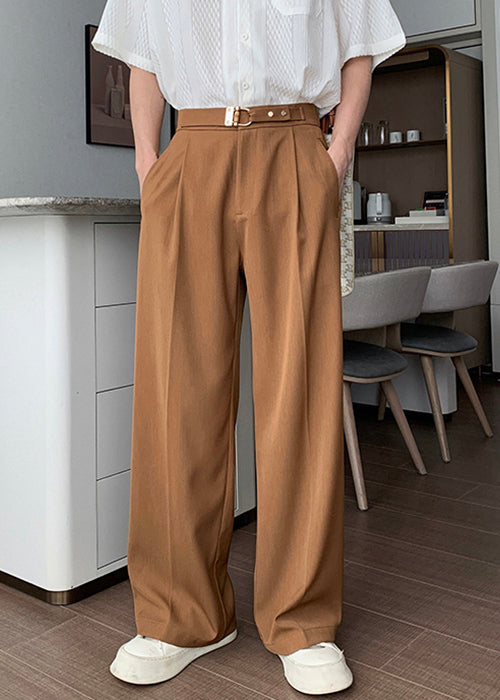 Pantalon taille haute marron uni pour homme en élasthanne