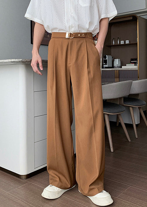 Pantalon taille haute marron uni pour homme en élasthanne