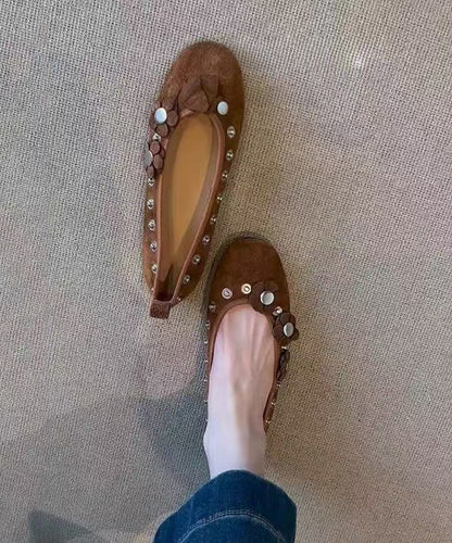 Splicing Suede Women Floral Brown Rivet Flat Shoes For