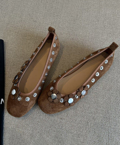 Splicing Suede Women Floral Brown Rivet Flat Shoes For