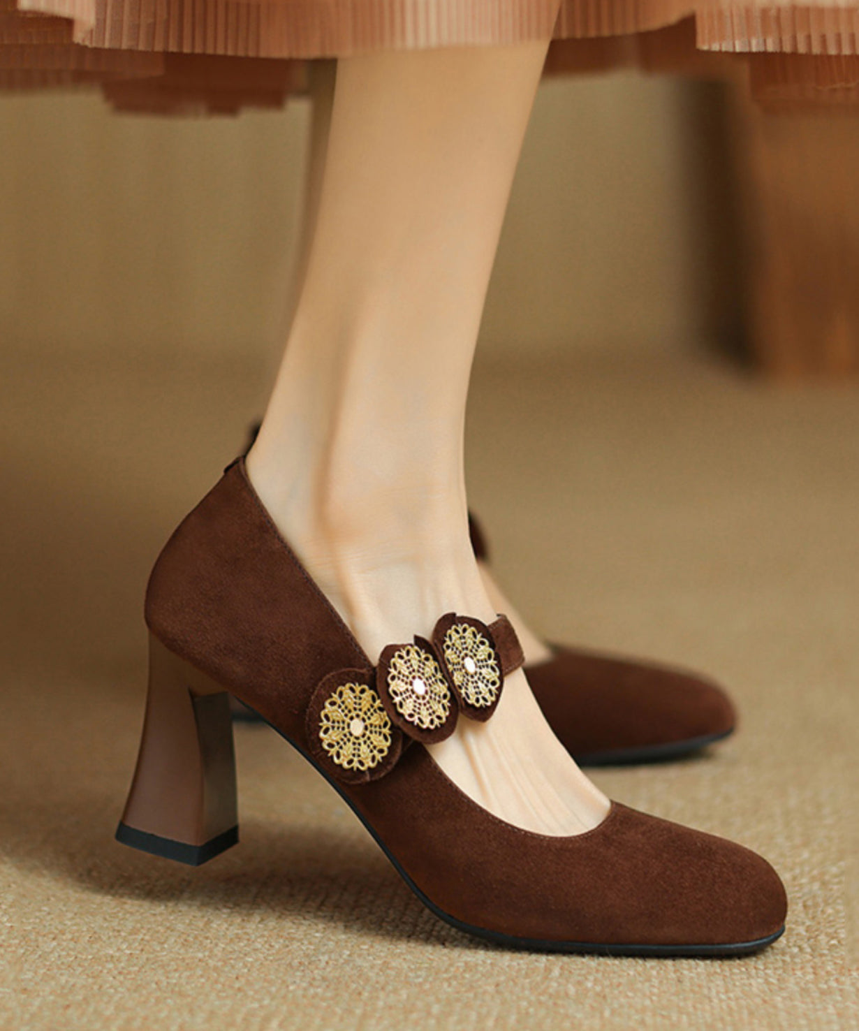 Strap Splicing Suede Heels High Buckle French Brown