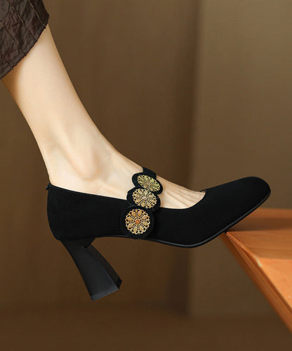 Strap Splicing Suede Heels High Buckle French Brown