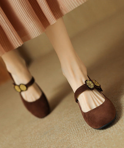 Strap Splicing Suede Heels High Buckle French Brown