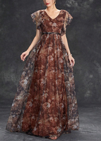 Ärmel Braun Tüll Print Langer Hals V Kleid Kurz
