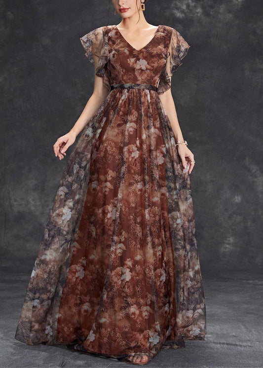 Ärmel Braun Tüll Print Langer Hals V Kleid Kurz