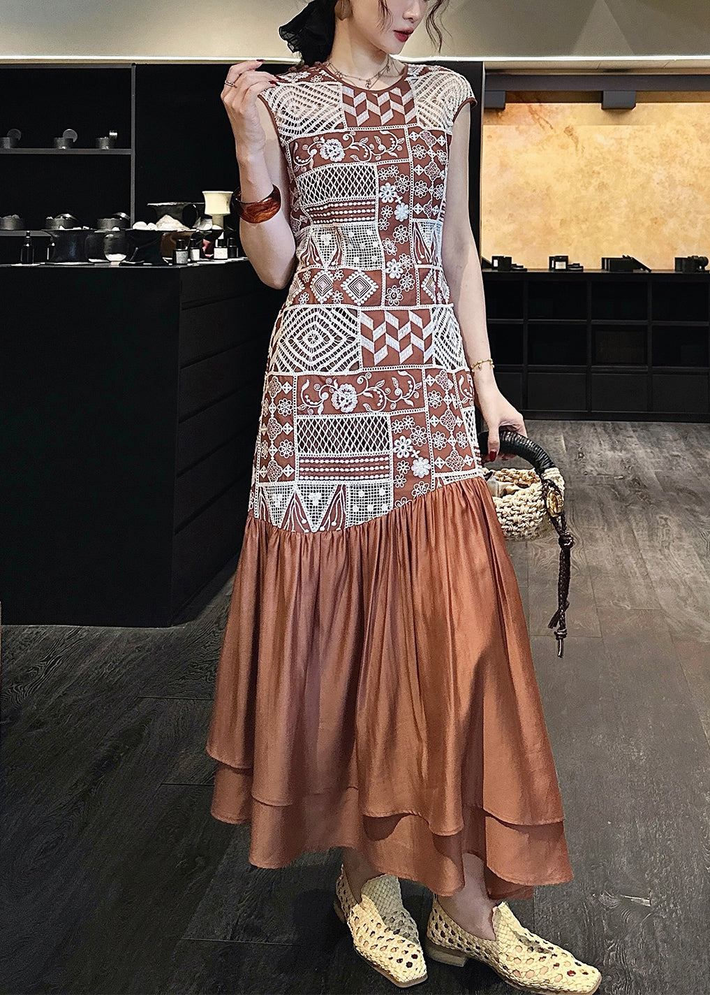 Patchwork Cotton Zippered Brown Out Dresses Long Hollow