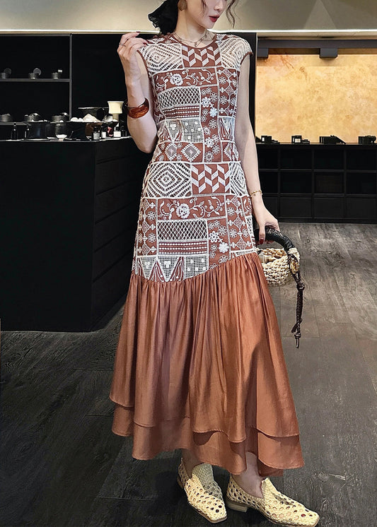 Patchwork Cotton Zippered Brown Out Dresses Long Hollow