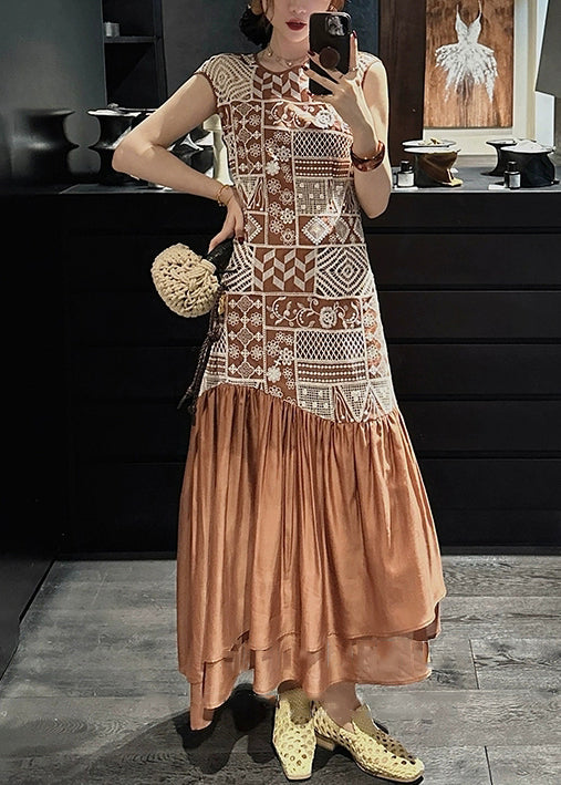 Patchwork Cotton Zippered Brown Out Dresses Long Hollow